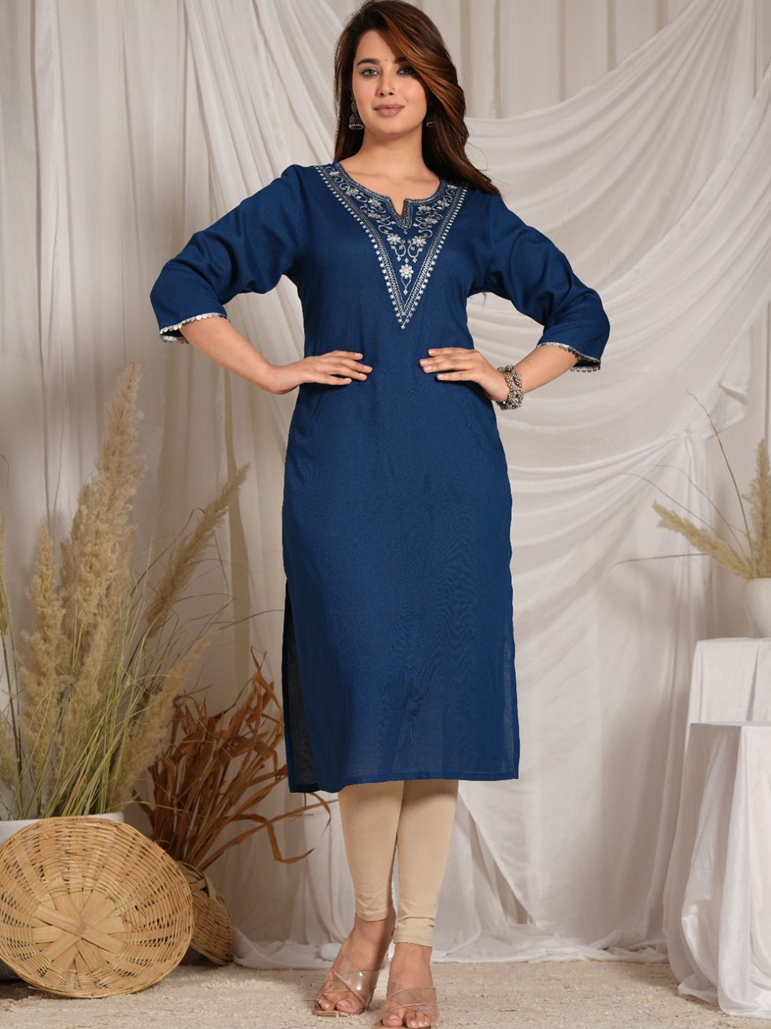 JEMCY Yoke Design Embroidered Notch-Neck Straight Pure Cotton Kurta