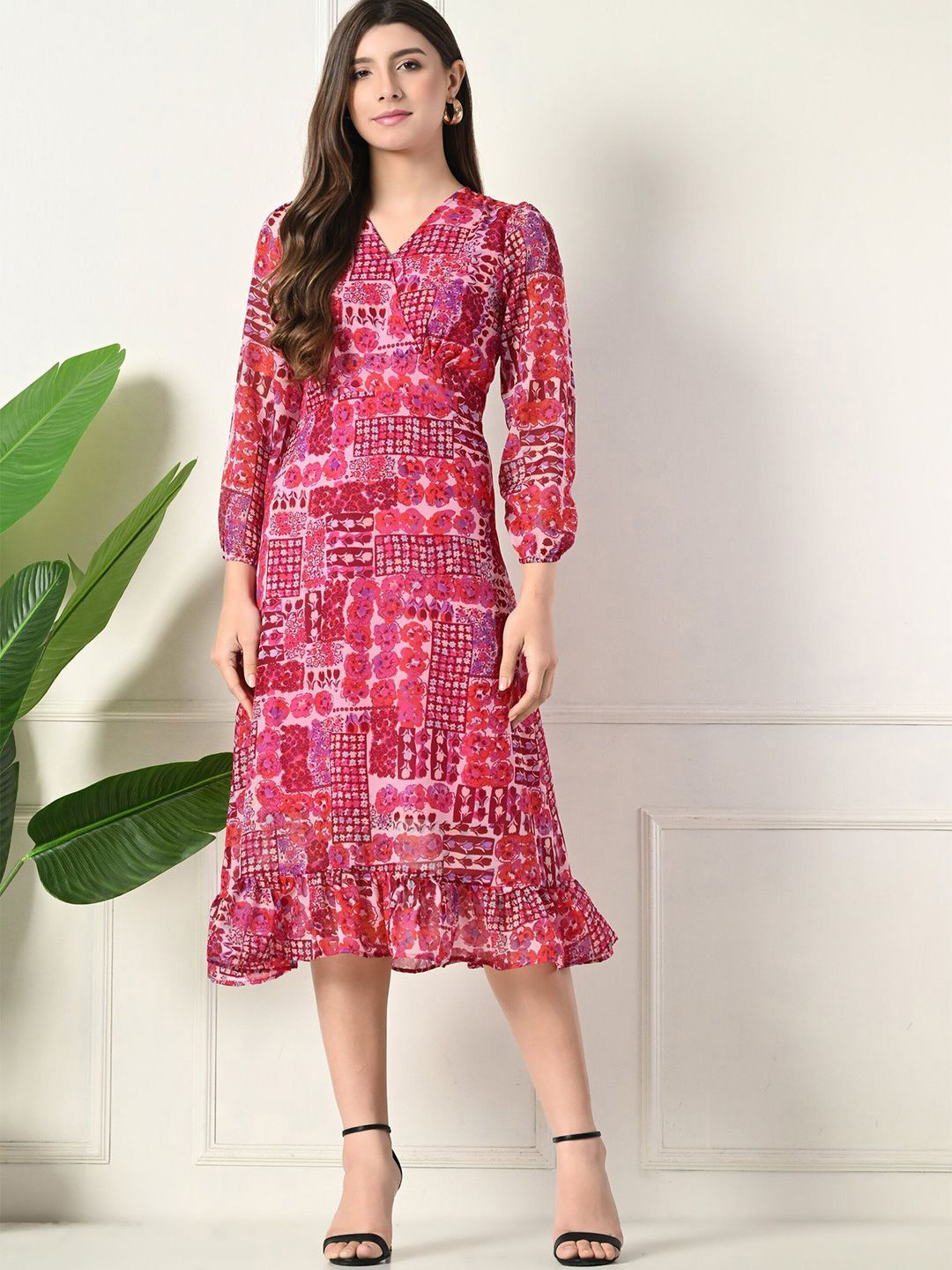 FLYING FEST Women Ethnic Motif Printed Patchwork  V-Neck Wrap Midi Dress