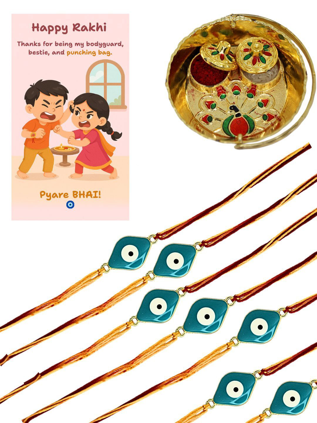 Anouk Set Of 12 Evil Eye Rakhi with Card & Roli Rice Pooja Thali