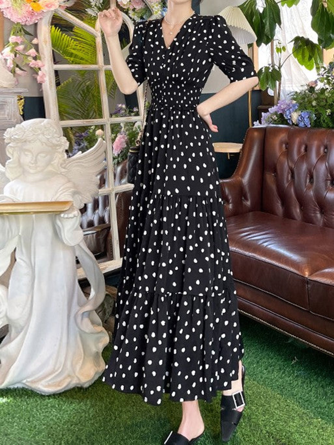 Outzidr Black Polka Dot Midi Dress