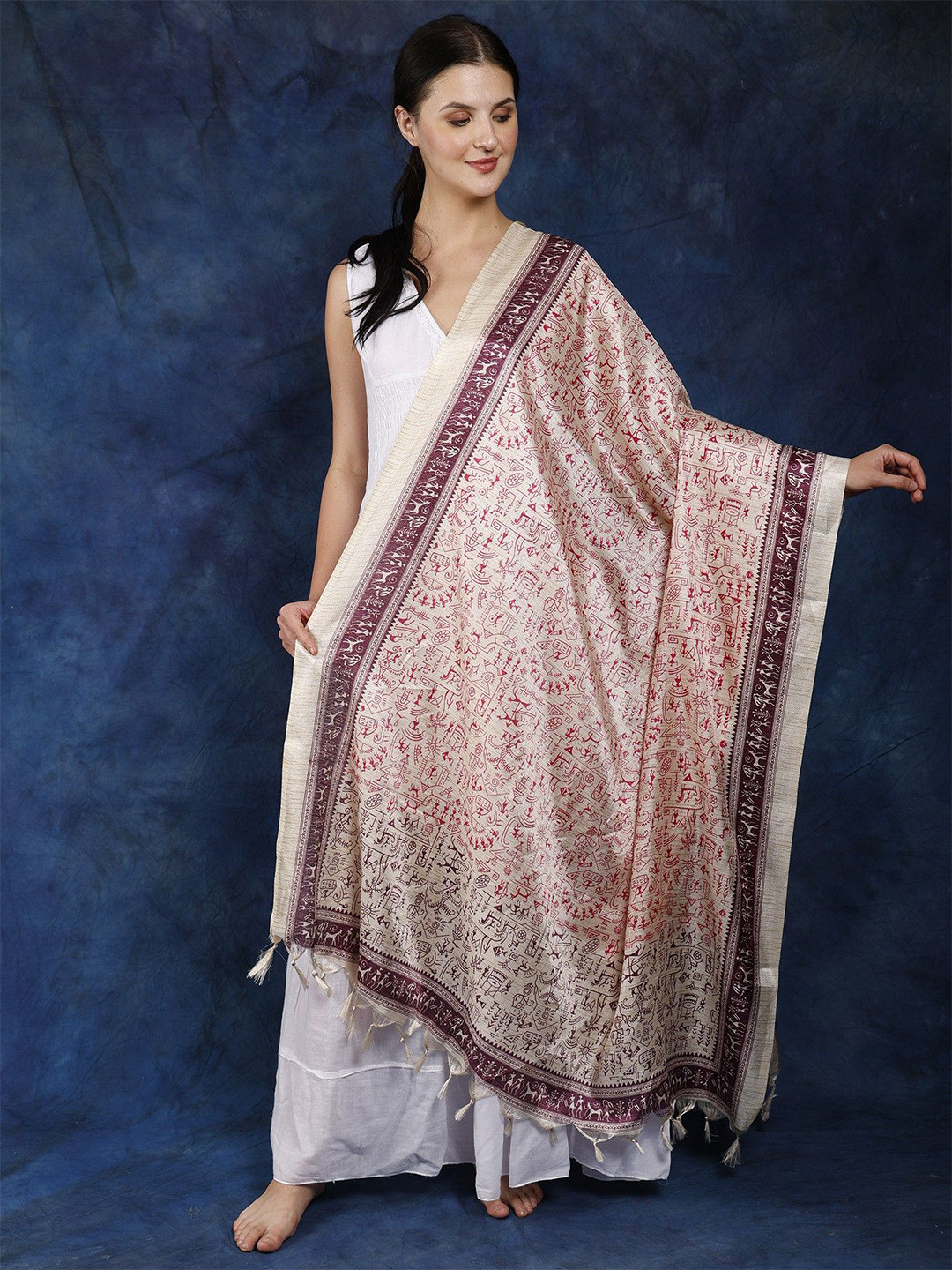 Exotic India Dupatta With Printed Folk Figures Inspired By Warli Art