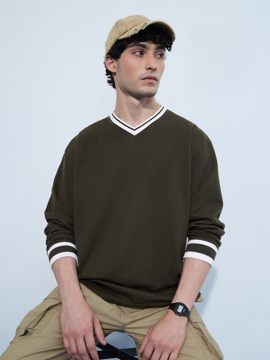 The Souled Store Men Self Design V-Neck Oversized T-shirt