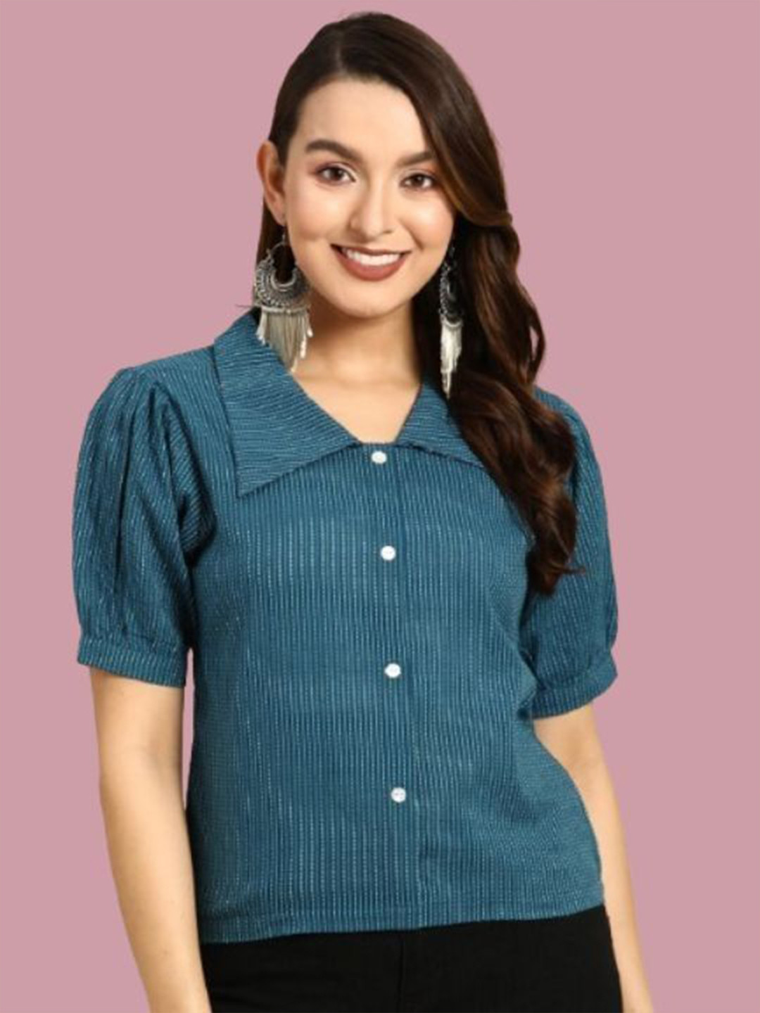 DressBerry Women Above the Keyboard Collar Puff Sleeves Slim Fit Crop Casual Shirt