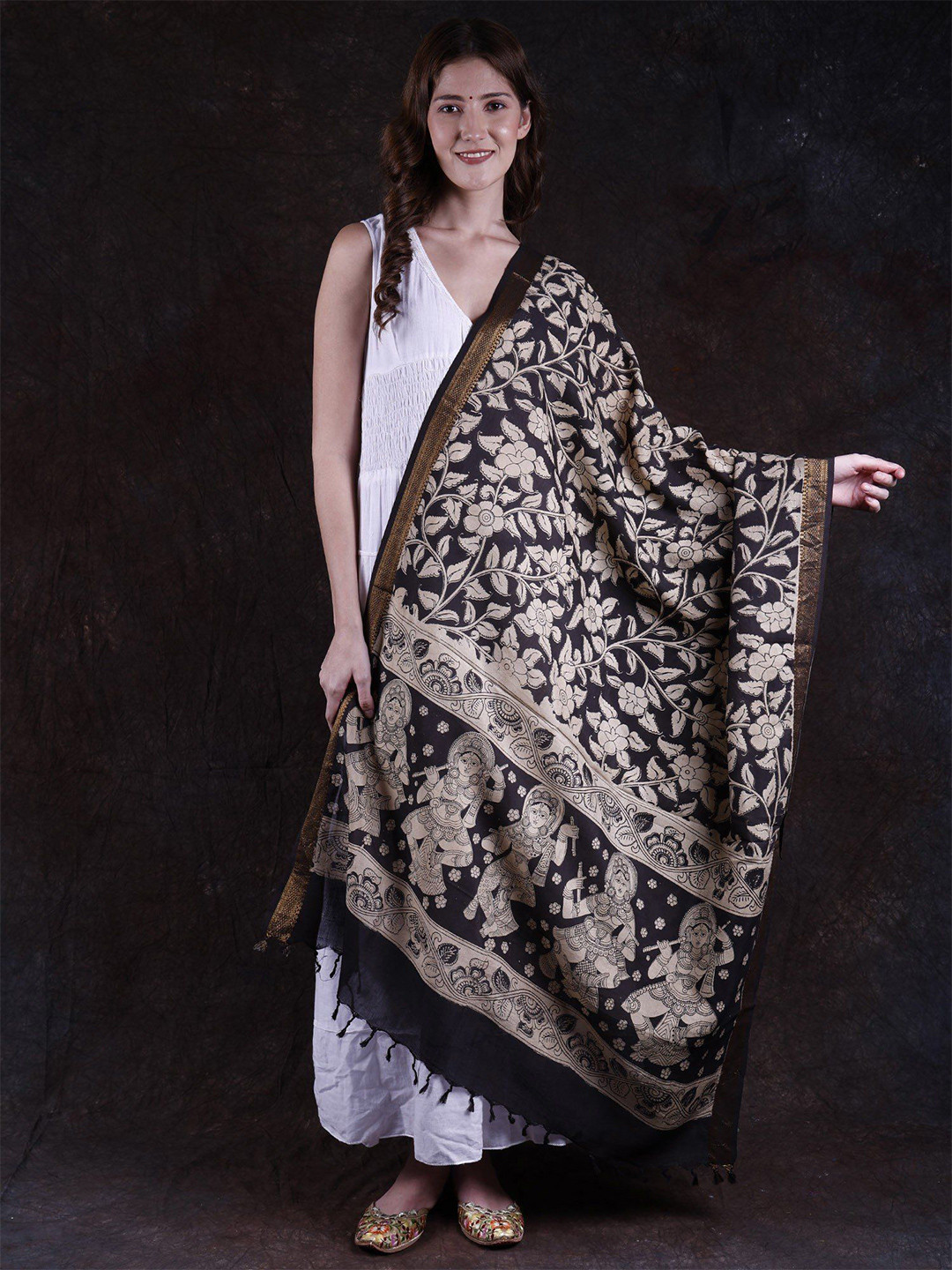 Exotic India Floral Printed Kalamkari Pure Cotton Dupatta From Telangana & Zari Border