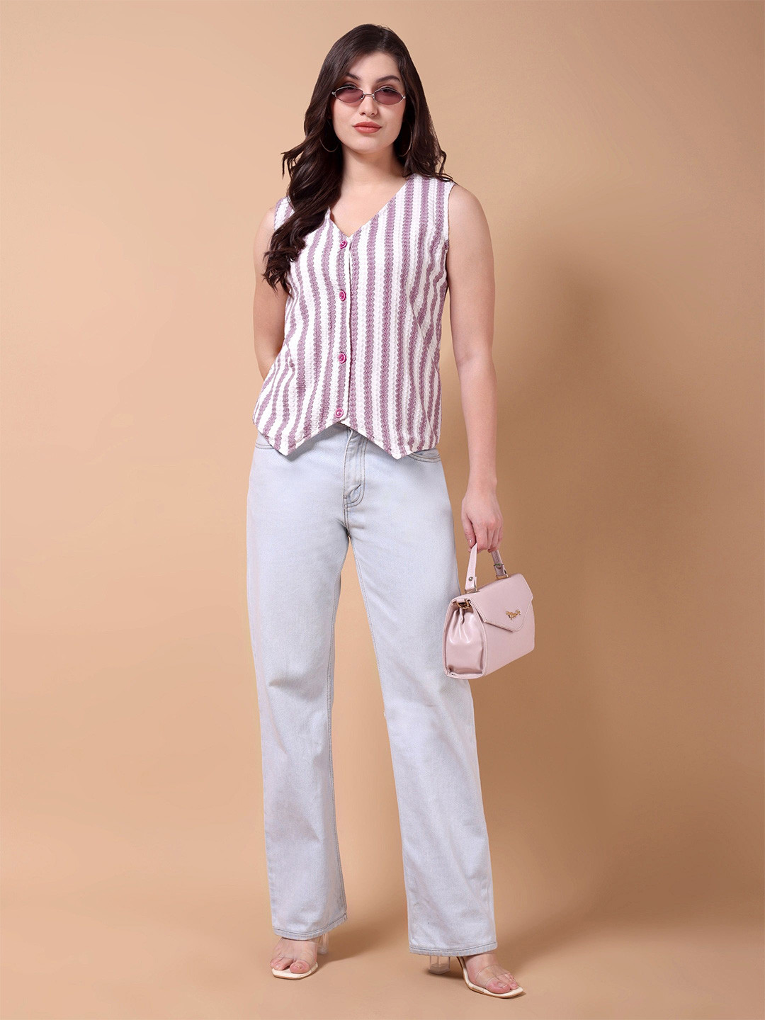 Kinjo Women Ripple Striped Scuba Shirt Style Top