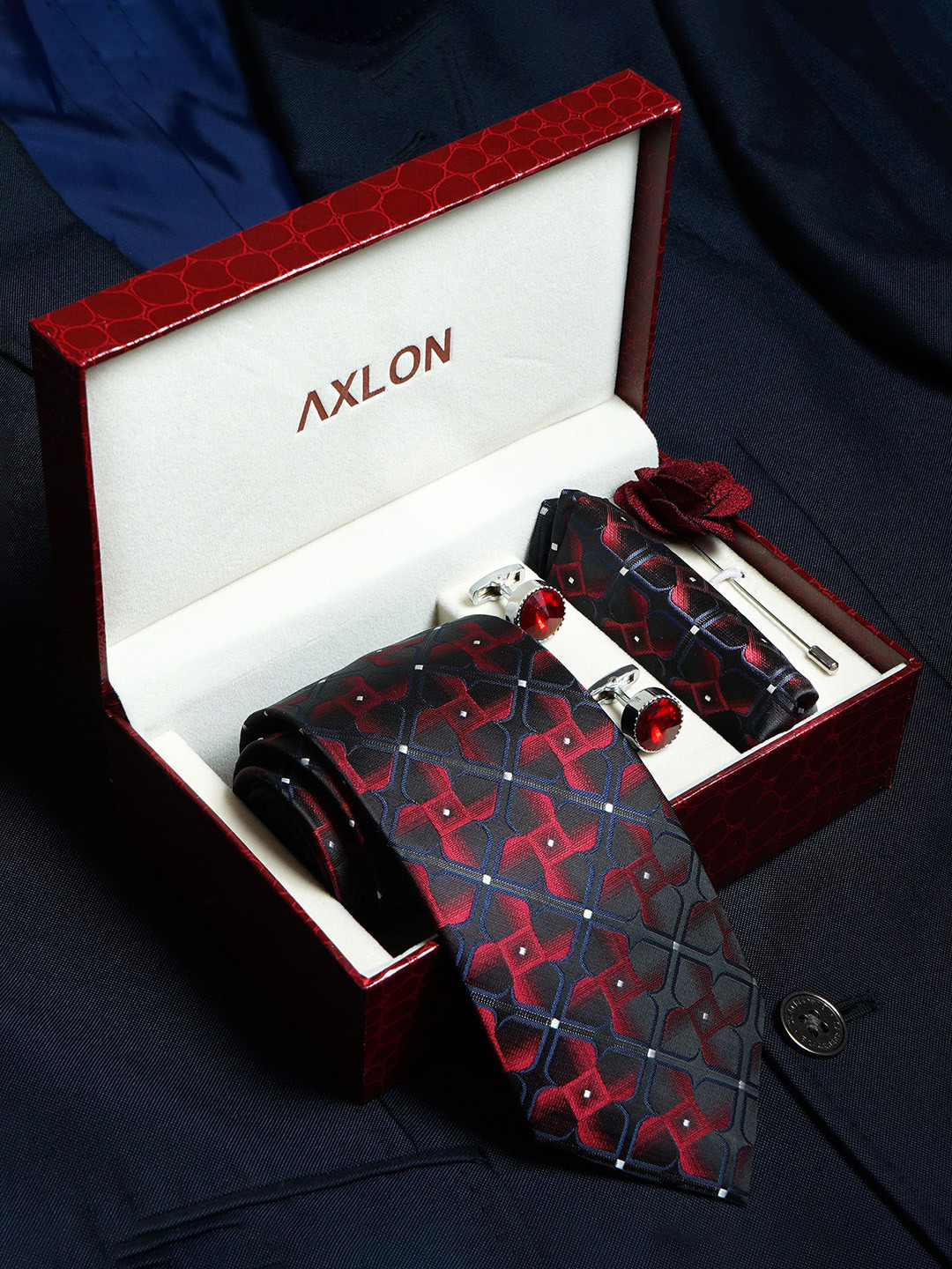 AXLON Men 3D Geometric Tie Pocket Square Cufflink & Flower Pin Accessory Gift Set