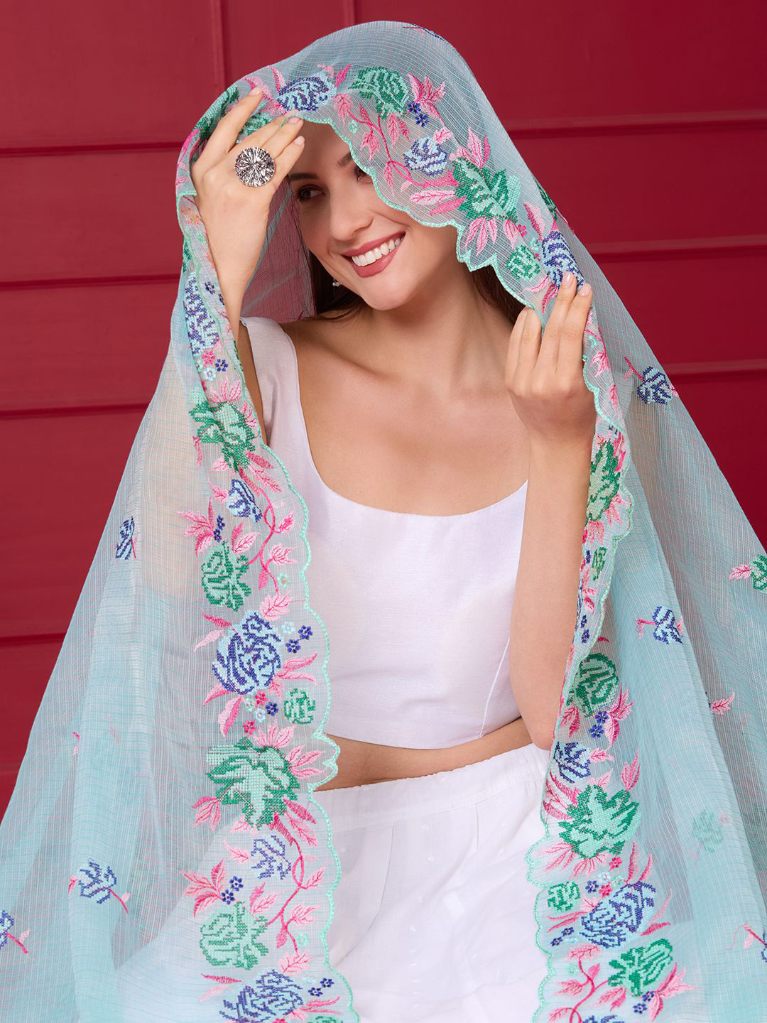 Dupatta Bazaar Floral Embroidered Threda Work Kota Doria Dupatta