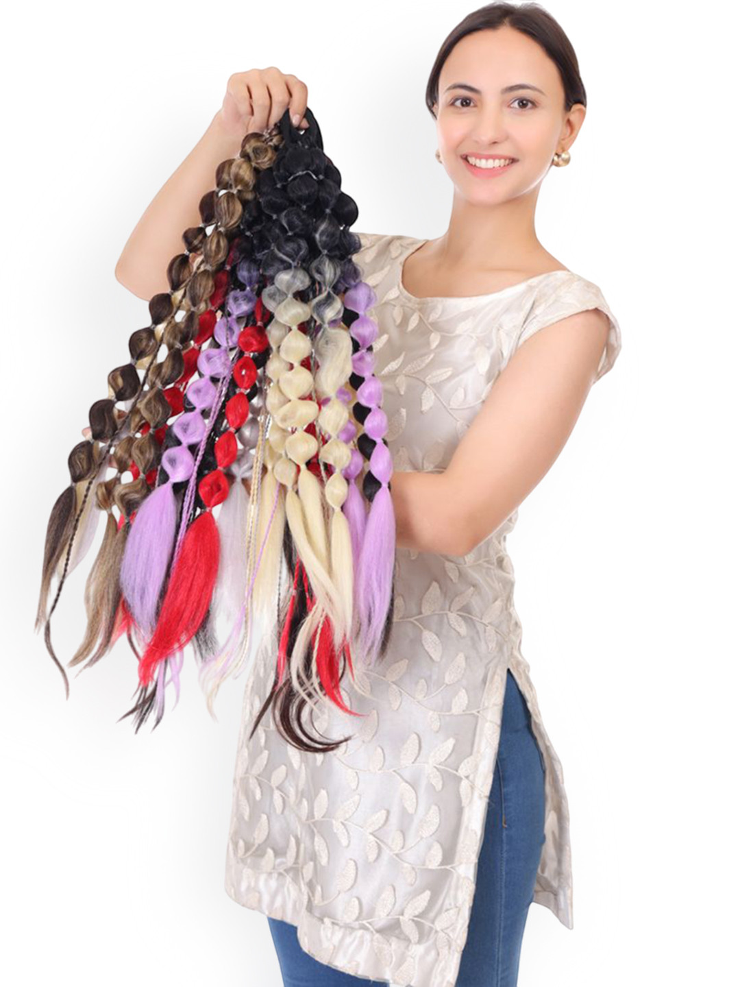 RITZKART Tape In Straight Bubble Ponytail Hair Extension- Brown & Off White- 20 Inch