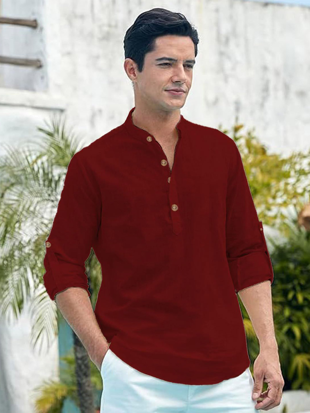 APEKTRA Men Mandairan Coller Roll-Uo Sleeves Kurta