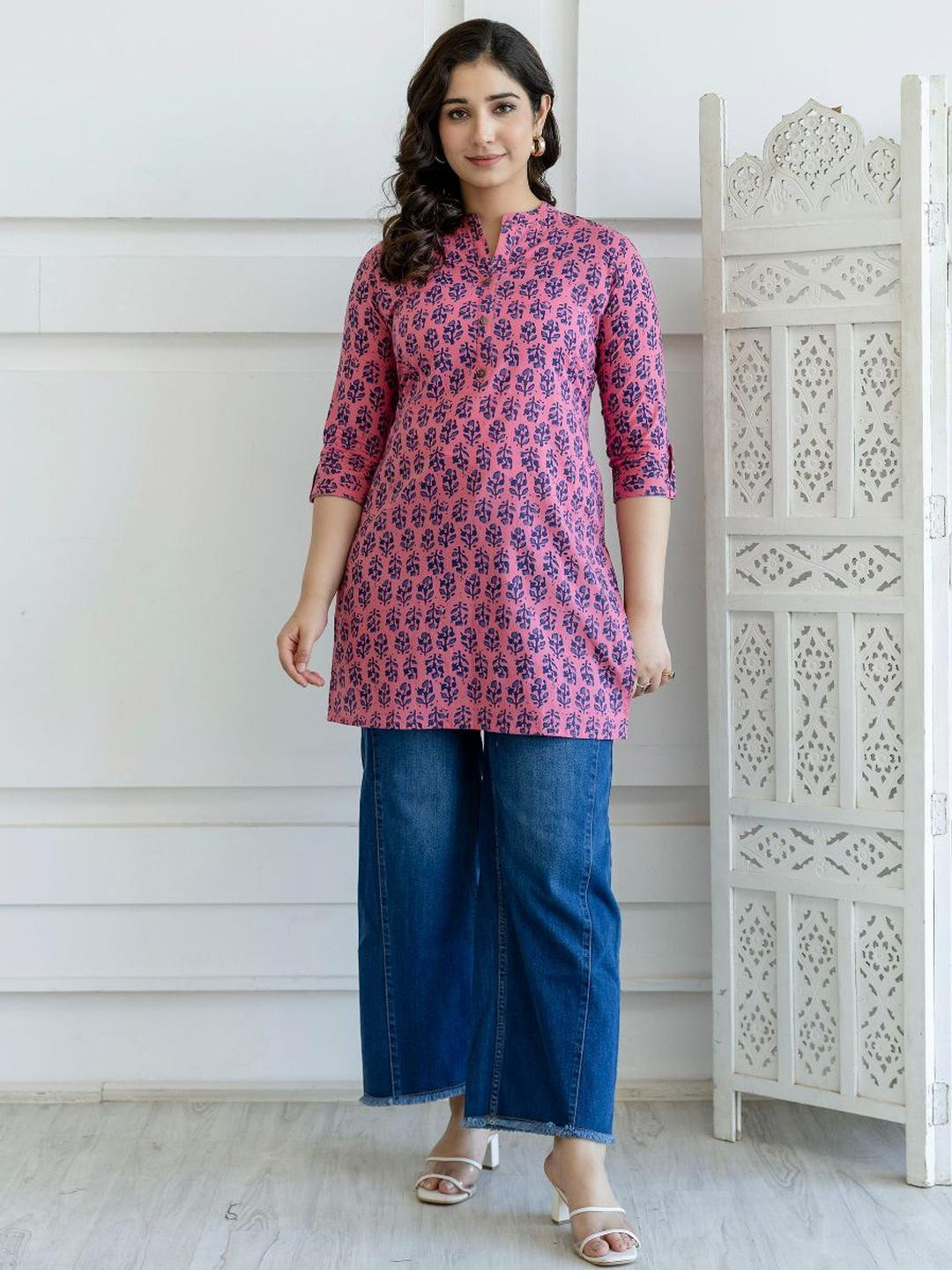 KALINI Floral Print Short Kurta Cotton Top