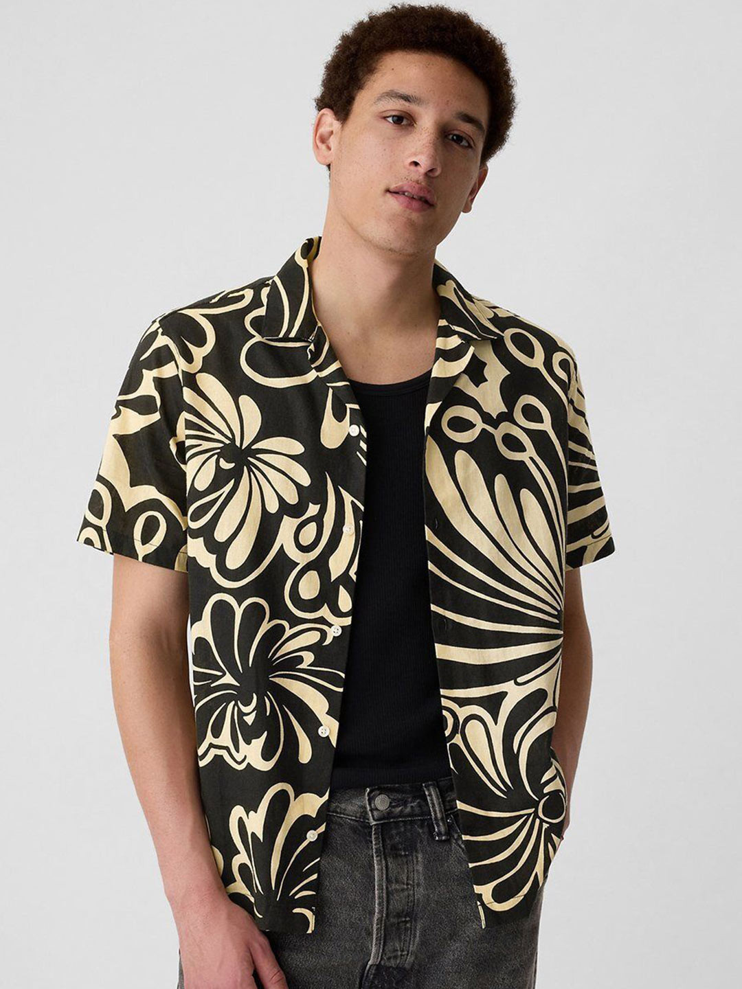 GAP Floral Printed Short Sleeve Resort Collar Linen Blend Shirt