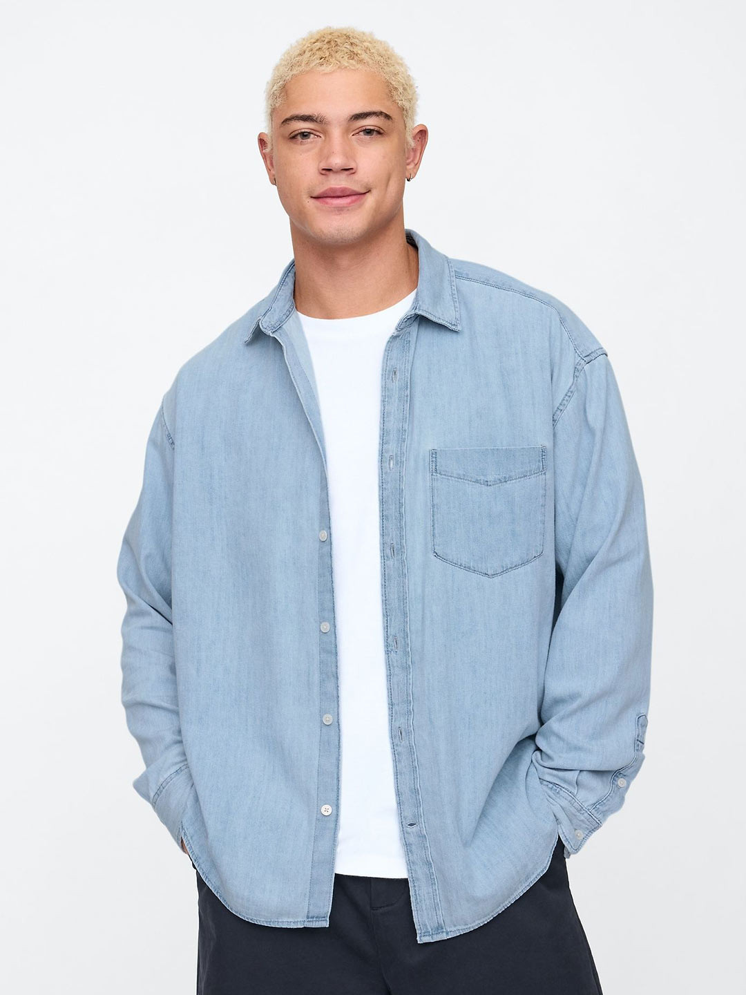 GAP Washed Spread Collar Oversized Denim Cotton Big Shirt With Patch Pocket