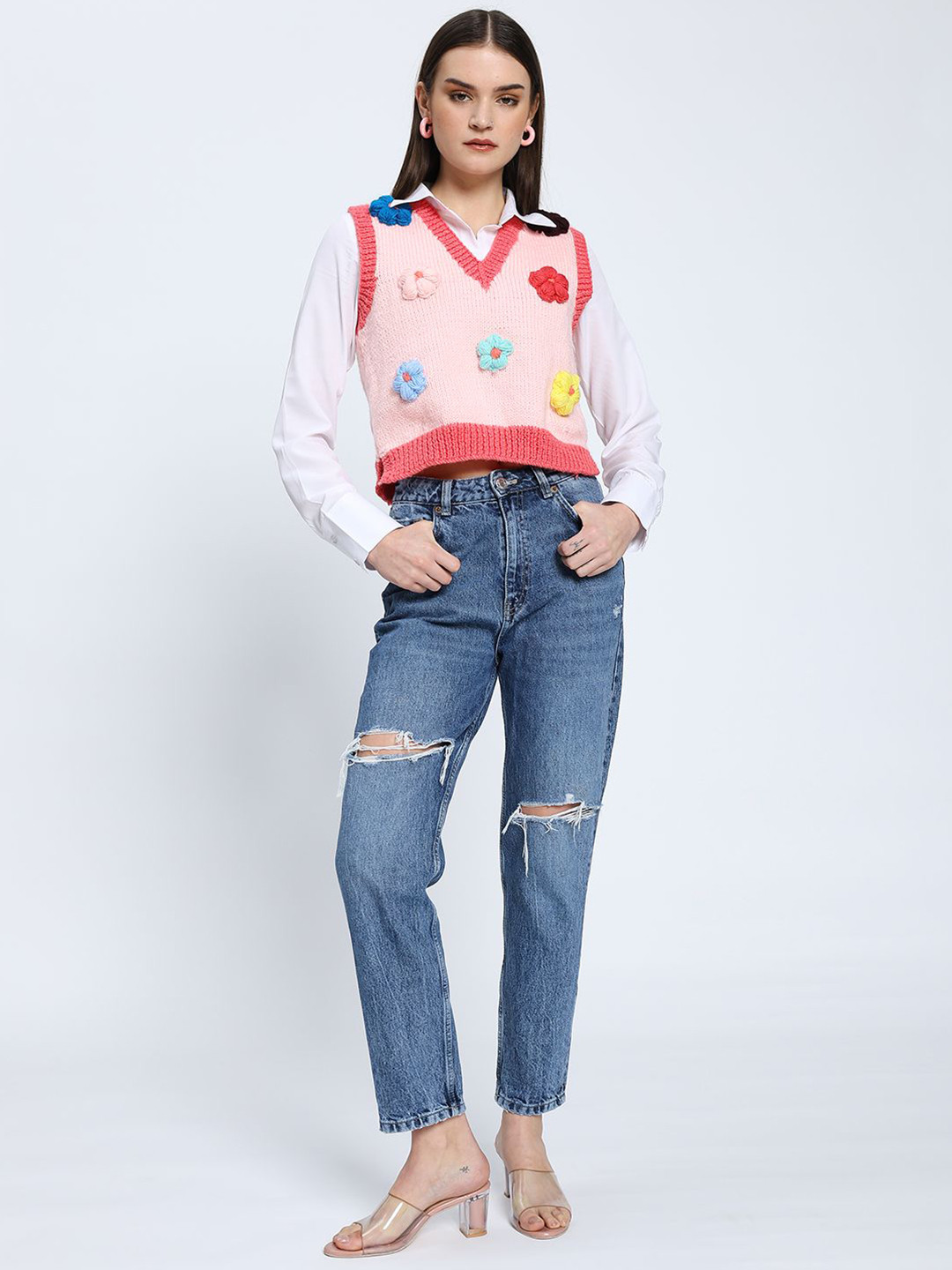 Sugercandy Peach Daisy  Women Floral Woollen Pullover