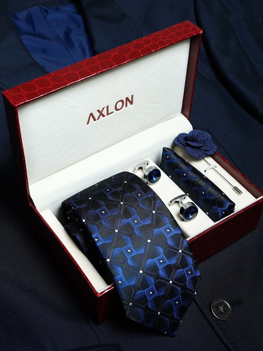 Axlon Men 3D Geometric Tie, Cufflinks, Flower Pin & Pocket Square Accessory Gift Set