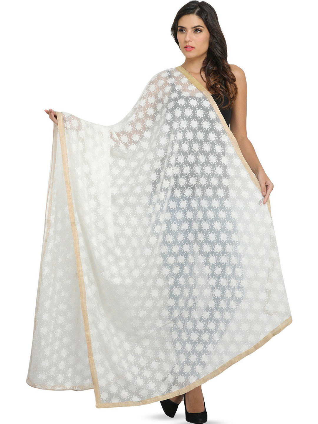 Exotic India Phulkari Dupatta From Punjab With Embroidered Bootis In Self Color Thread