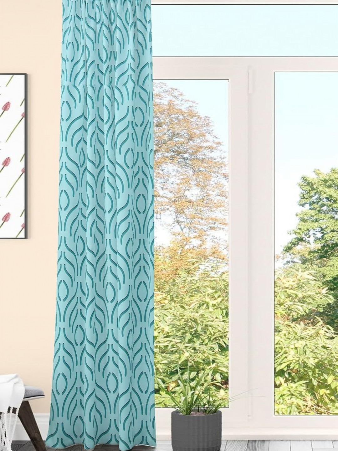 AAZEEM Softscape Series Blue Geometric Printed Velvet Door Curtain