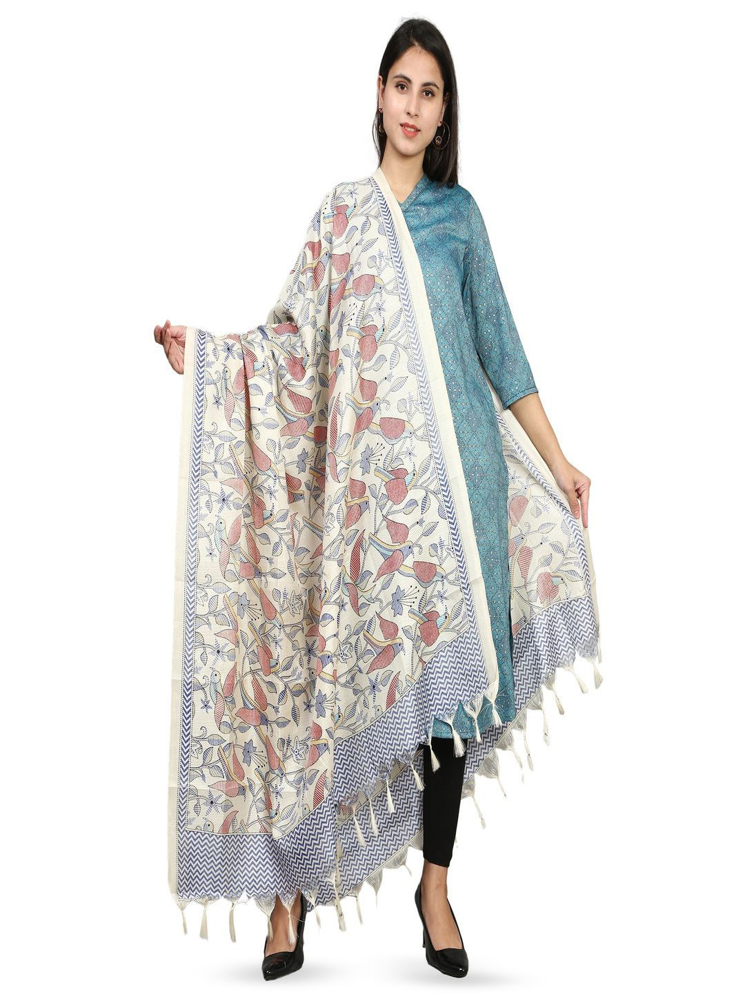 Karthav Fashion Bird Motifs Patola Printed Tasselled Border Dupatta