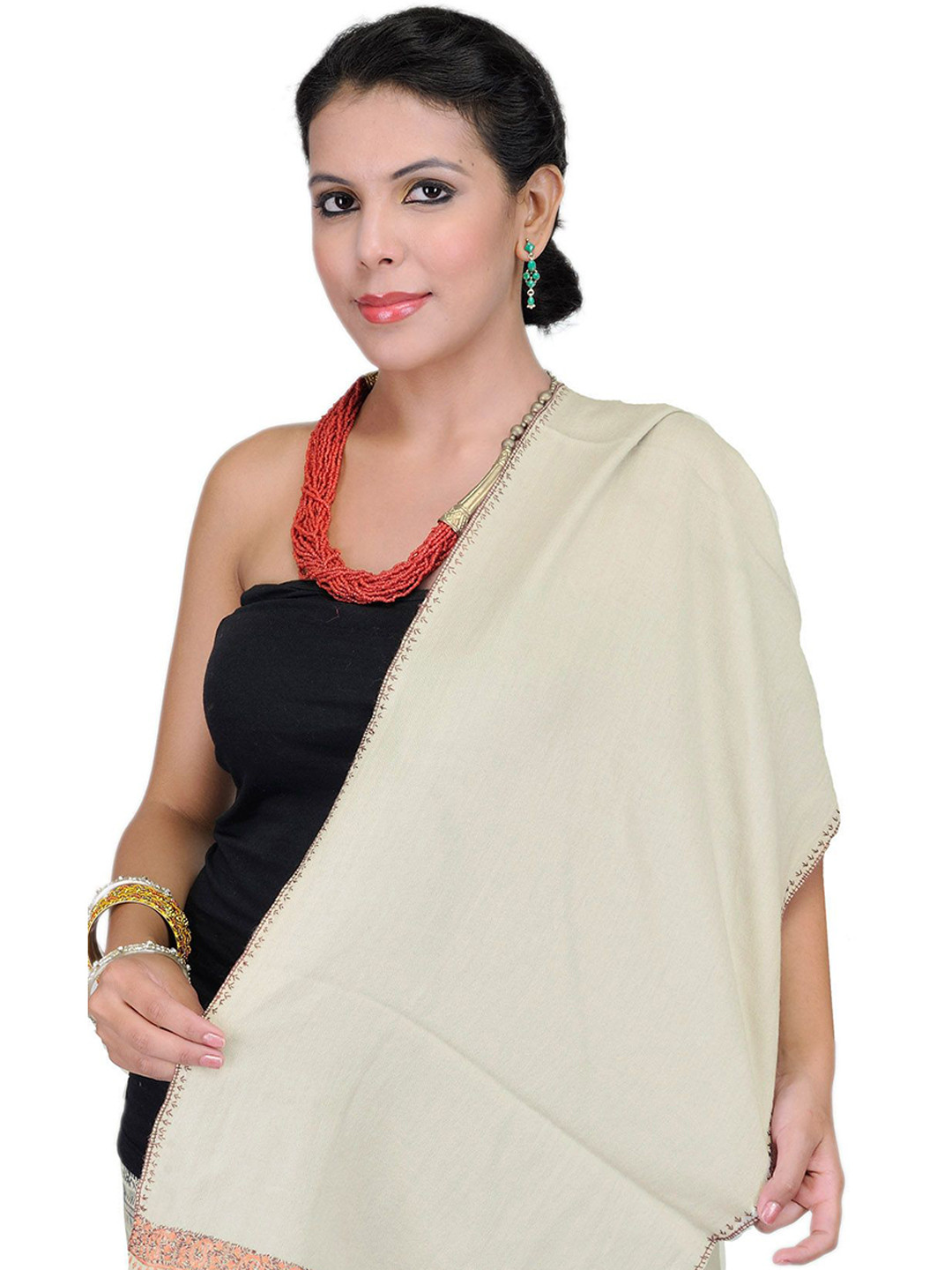 Exotic India Women Tusha Scarf from Kashmir with Sozni Embroidered Border