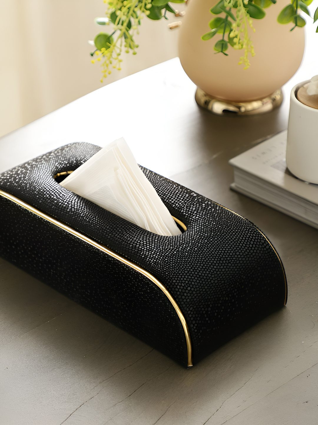 Decor de Maison Black & Gold Toned Sleek Slant Leather Tissue Holder