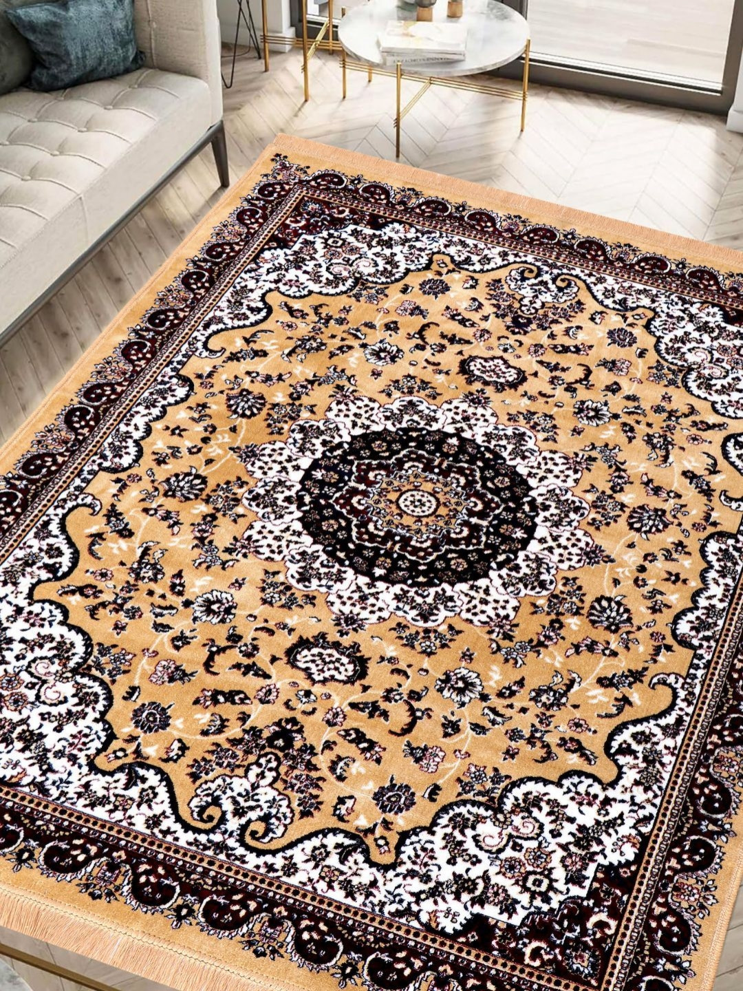 San Marino Brown Ethnic Motifs Printed Traditional Anti-Skid Chenille Carpet