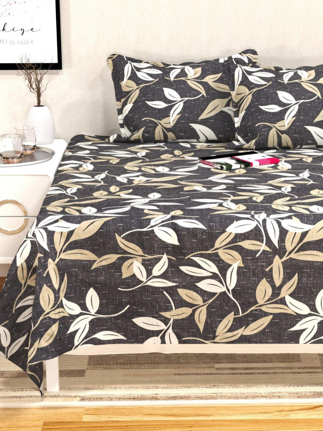 San Marino Grey & White Floral Printed Cotton 350 TC Queen Bedsheet Set-2.28 m x 2.54 m