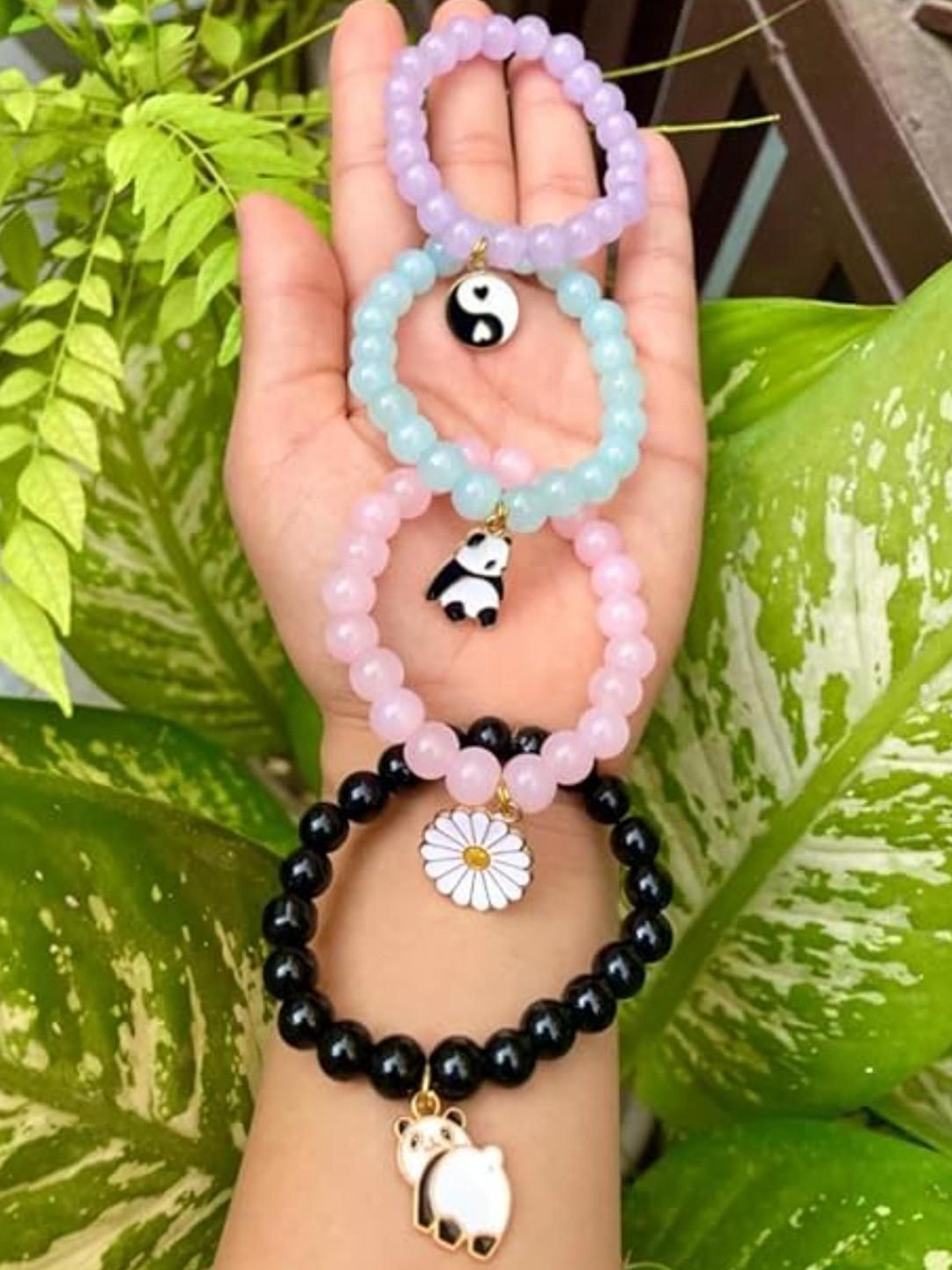 DN ENTERPRISES Set Of 4 Crystals Studded Panda Charm Elasticated Bracelet