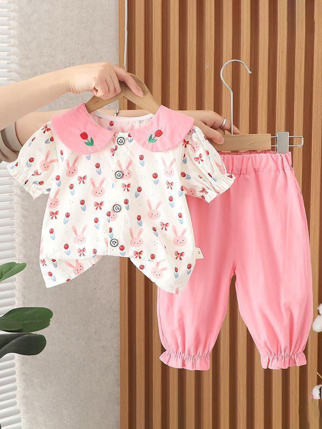 POP STREET KIDS Girls Bunny Printed Peter Pan Collar Top With Joggers