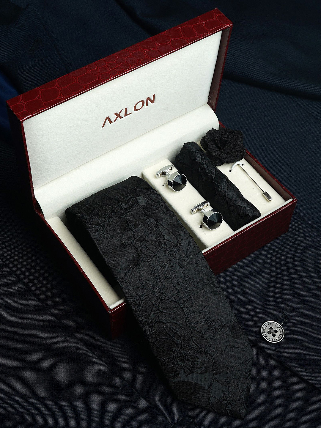AXLON Men Micro Tie Pocket Square Cufflink & Flower Pin Accessory Gift Set