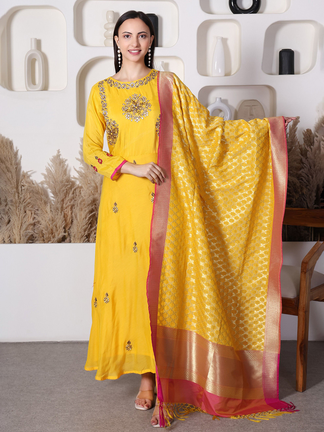 KRIDHAA FASHION BOUTIQUE Women Embroidered A-Line Ethnic Dresses with a Dupatta