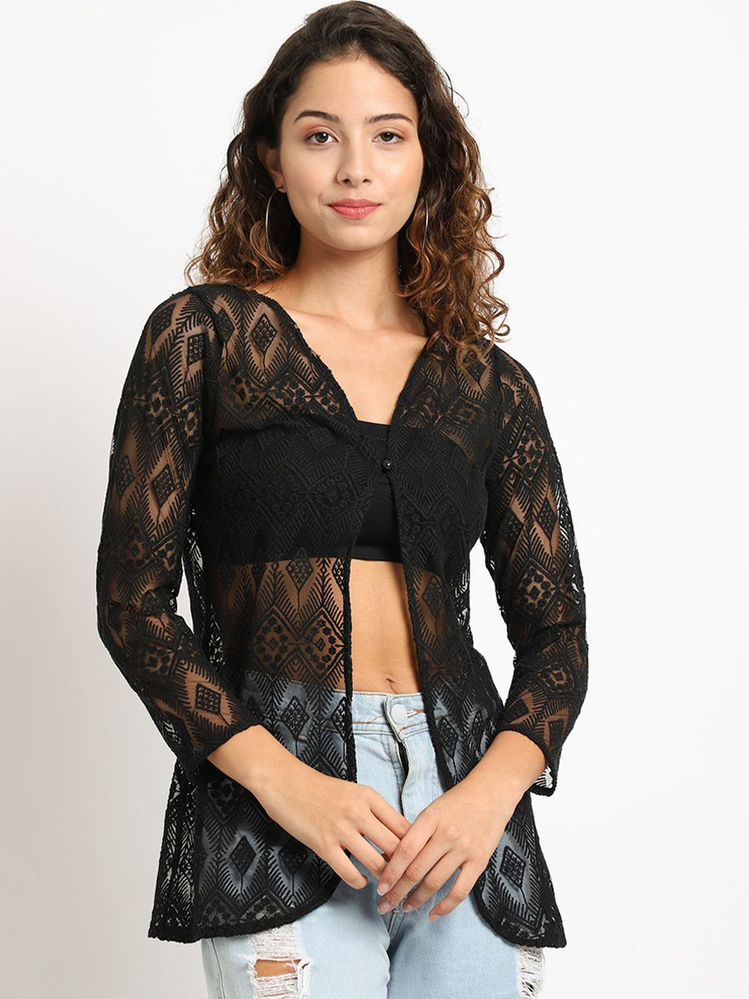 A AND K Self Design Cotton Sheer Open Front Shrug