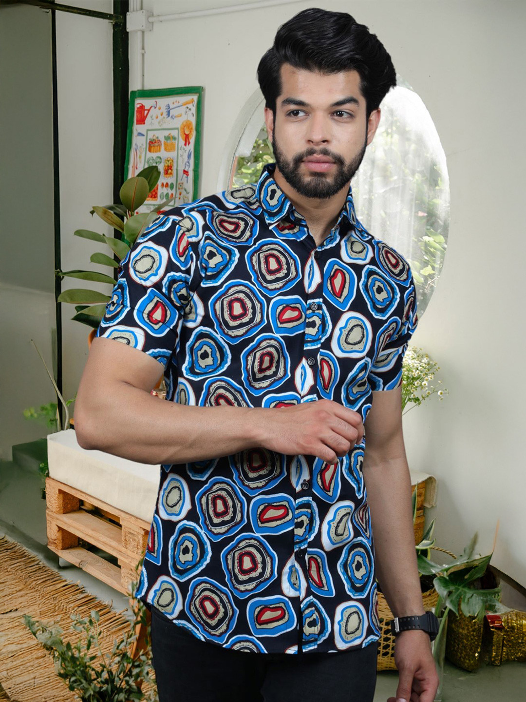 BASE 41 Standard Abstract Printed Short Sleeves Shirt