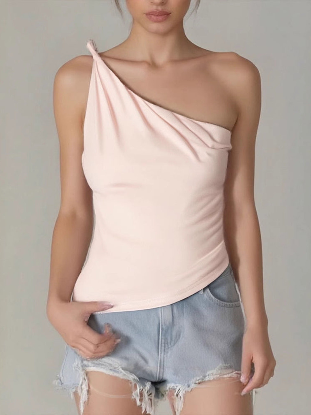 Outzidr Cream One Shoulder Ruched Top