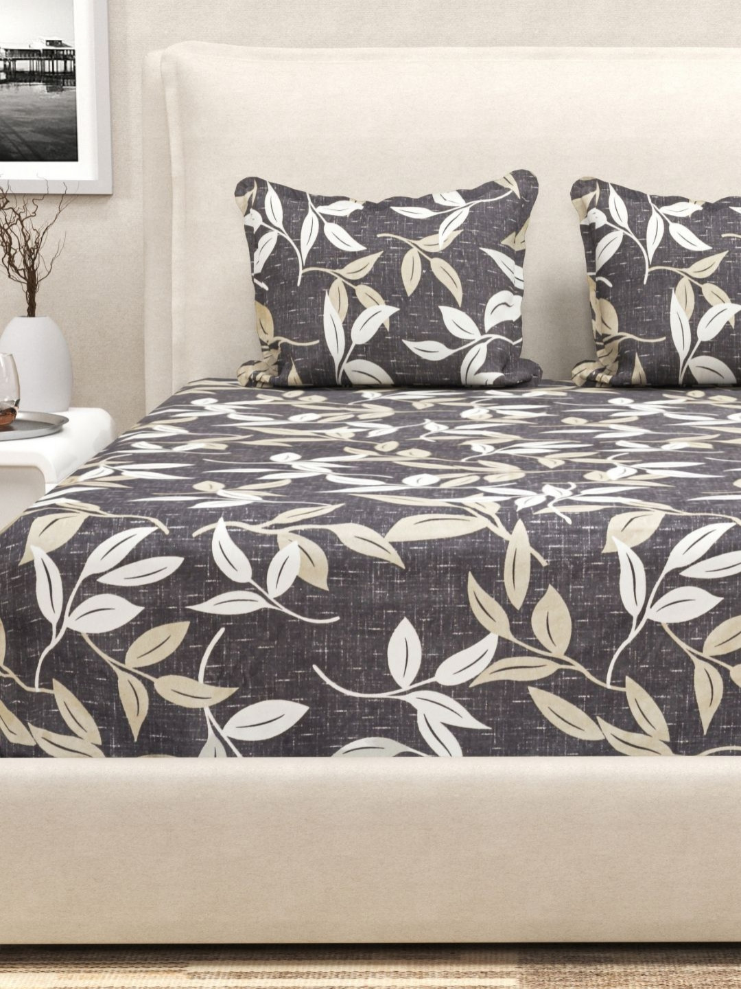 San Marino Grey & White Floral Printed Cotton 350 TC King Bedsheet Set-1.82 m x 1.98 m