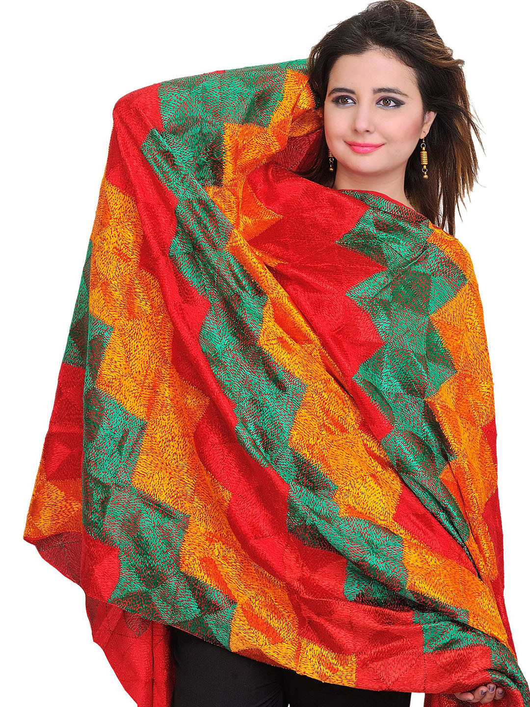 Exotic India Geometric Embroidered Dupatta With Phulkari From Punjab