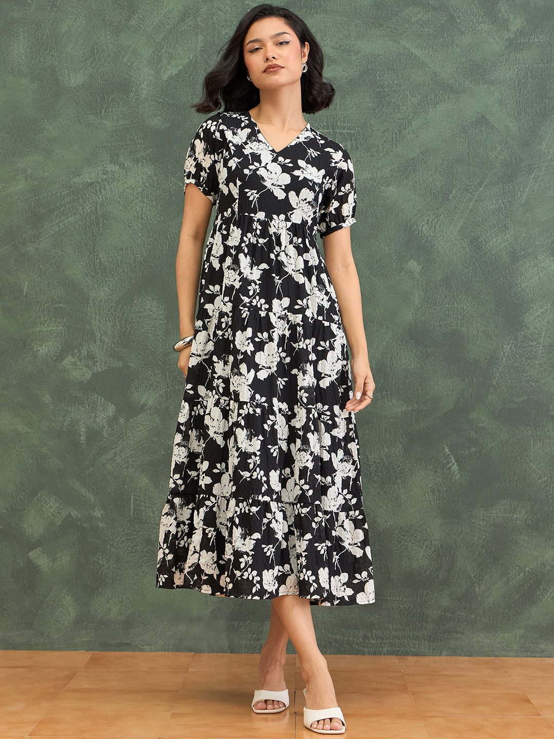 Iconic Women Cotton Floral Printed A-Line Midi Dress