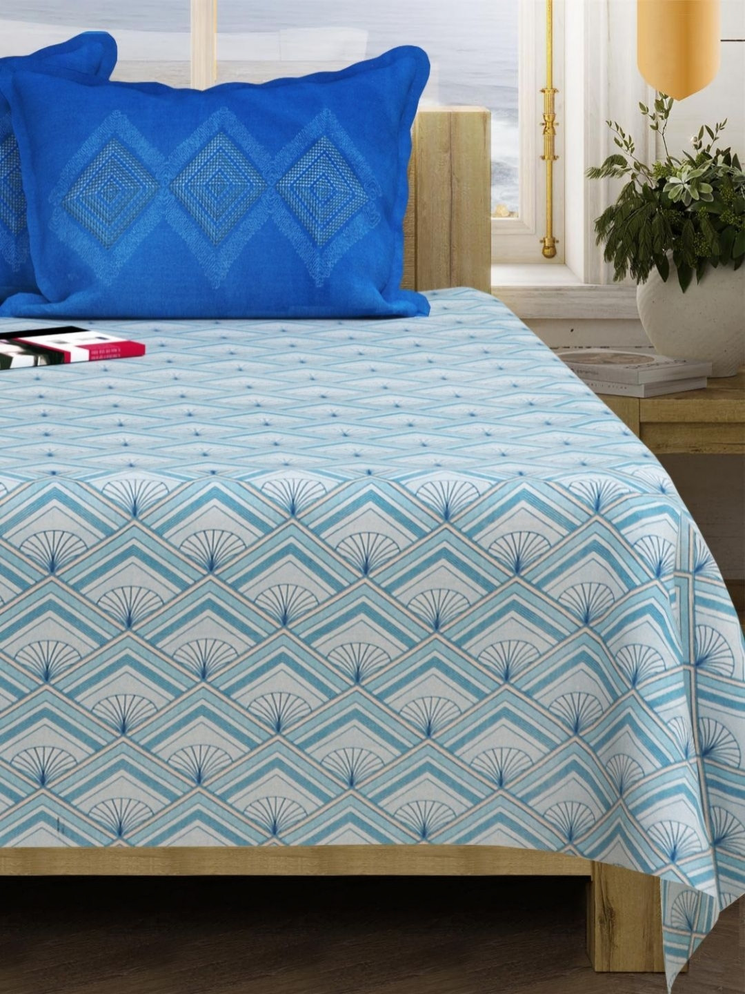 San Marino Blue Floral Printed Cotton 350 TC Queen Bedsheet Set-2.54 m x 2.28 m