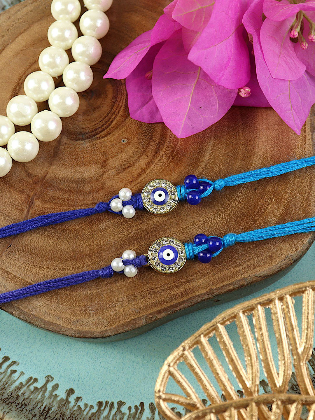 Asthetika Set of 2 Evil Eye Diamond Studded Thread Rakhi With Roli Chawal