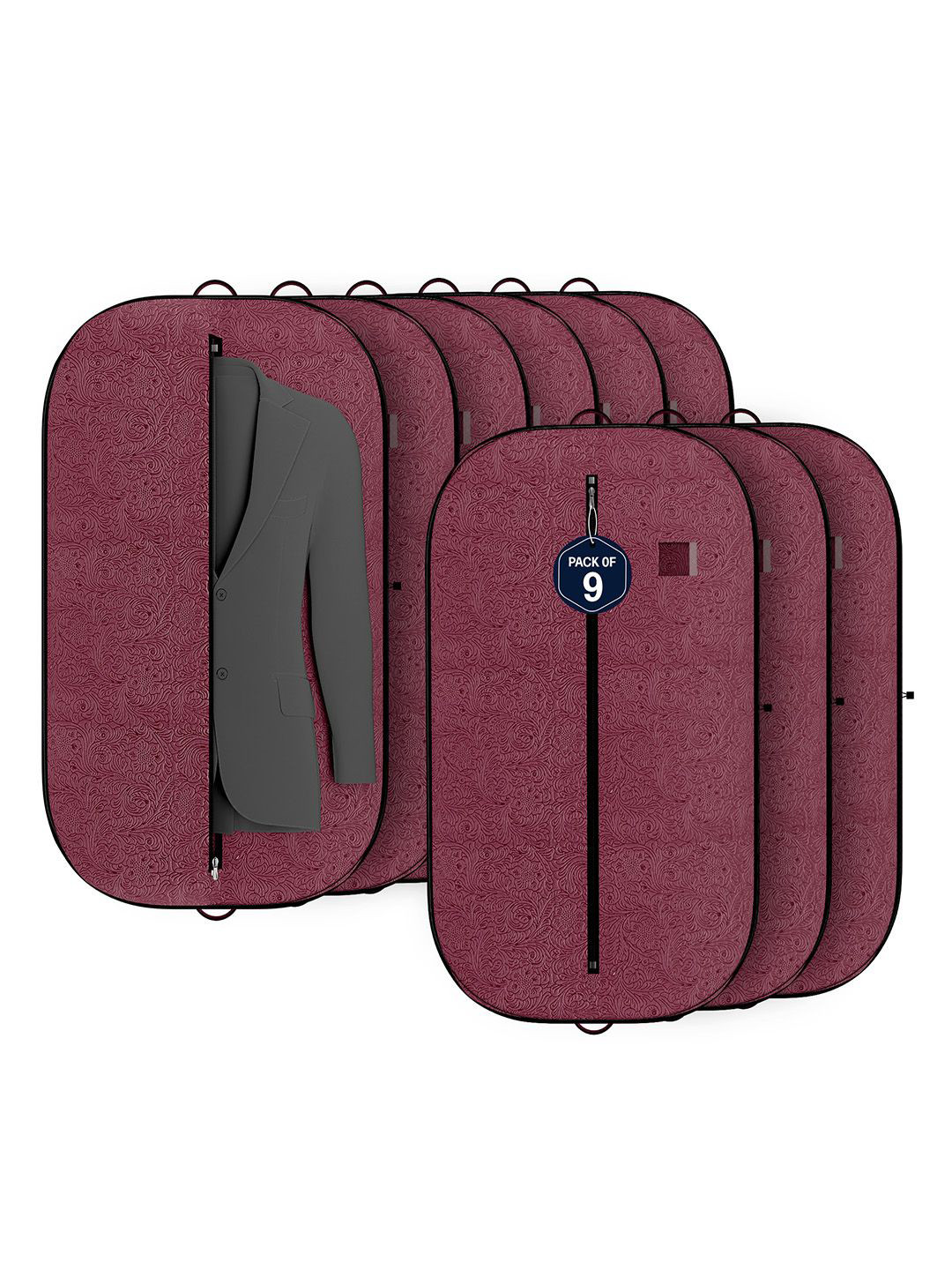 Kuber Industries Maroon & Black 9 Pieces Printed Non-Woven Suit Organisers With Zip