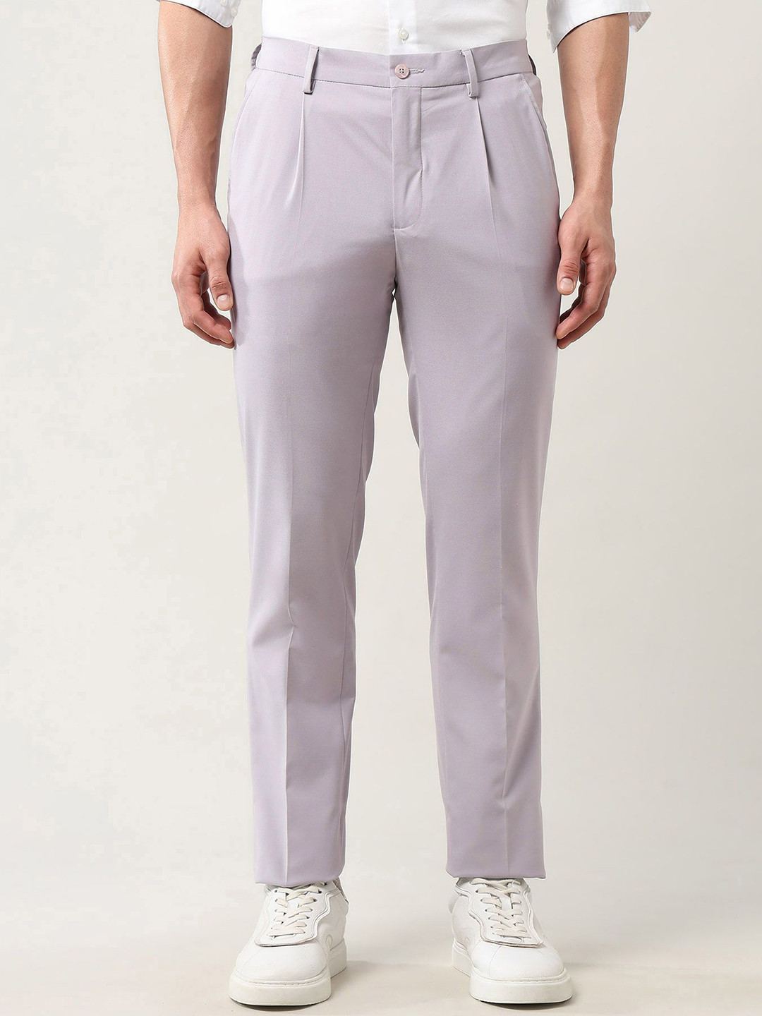 Arrow New York Men Solid Bi-Stretch Slim Fit Mid-Rise Pleated Regular Trousers