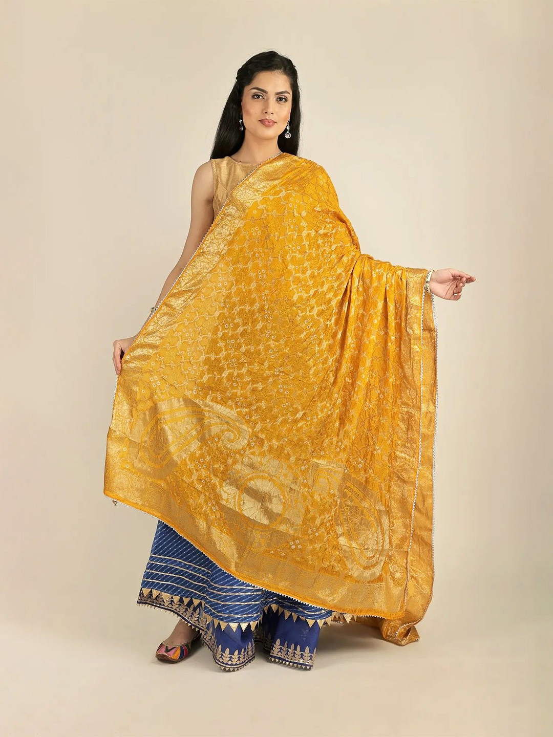 Exotic India Bandhani Gharchola Silk Dupatta With Giant Paisleys