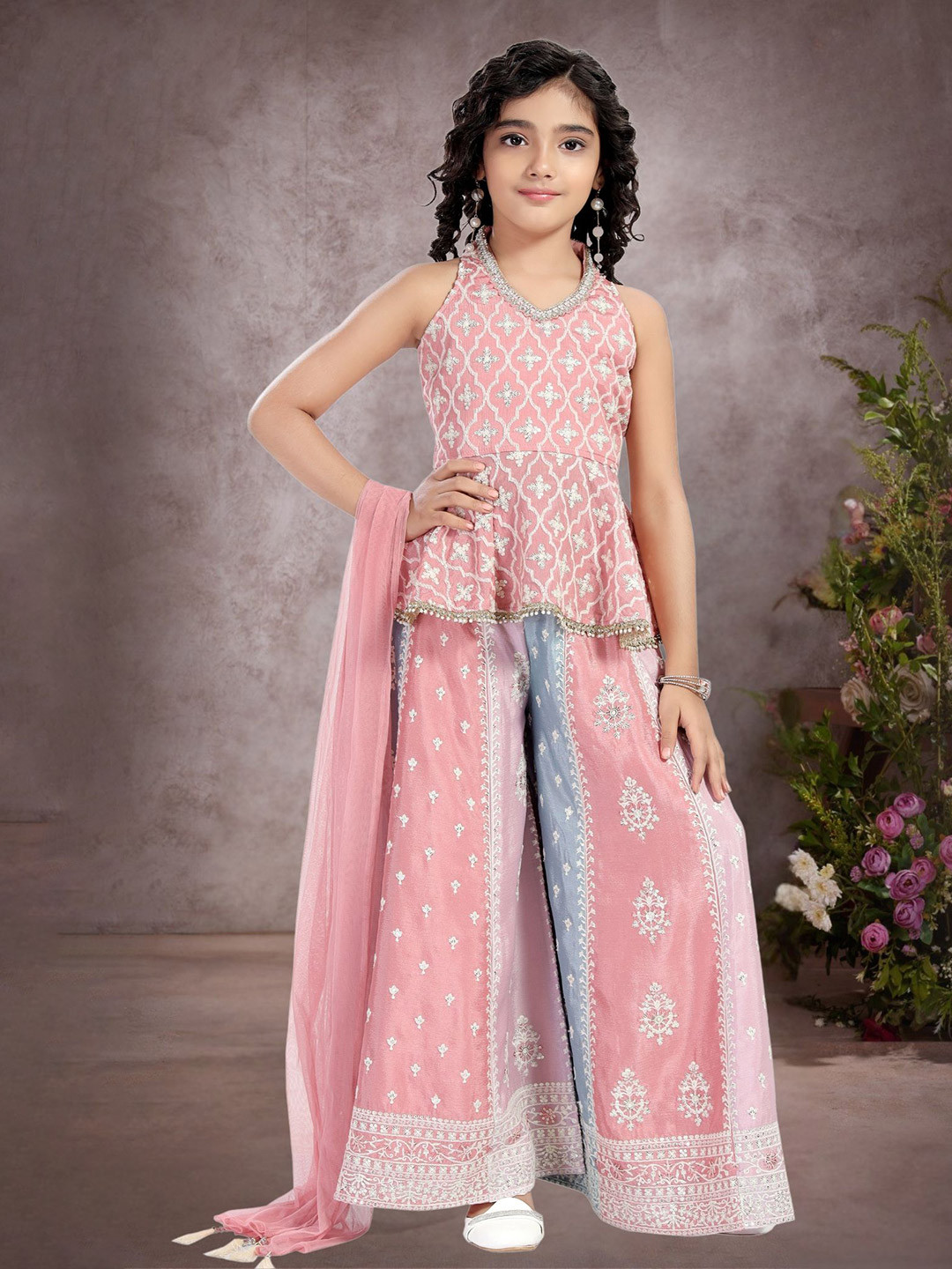 PINK LEAF Girls Floral Embroidered Sleeveless Pure Silk Top With Skirt