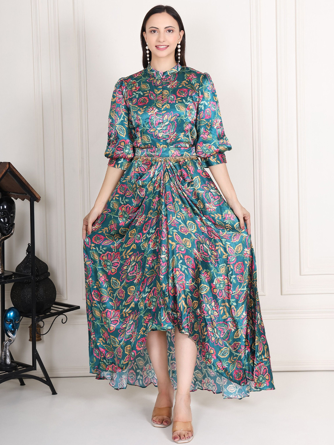 KRIDHAA FASHION BOUTIQUE Women Print Choker Neck Satin Fit & Flare Maxi Dress