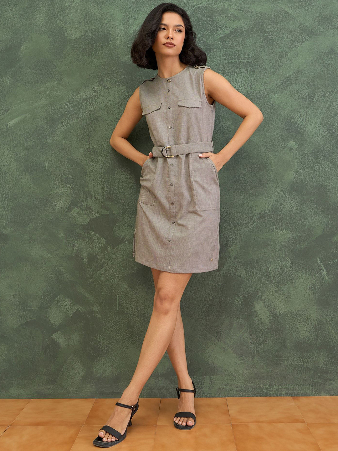 Iconic Women Self Design Round Neck A-Line Mini Dress