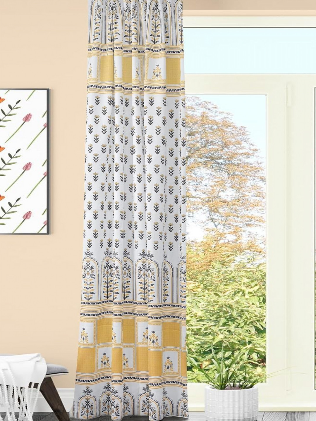 AAZEEM Softscape Series Yellow 2 Pieces Floral Printed Velvet Door Curtain