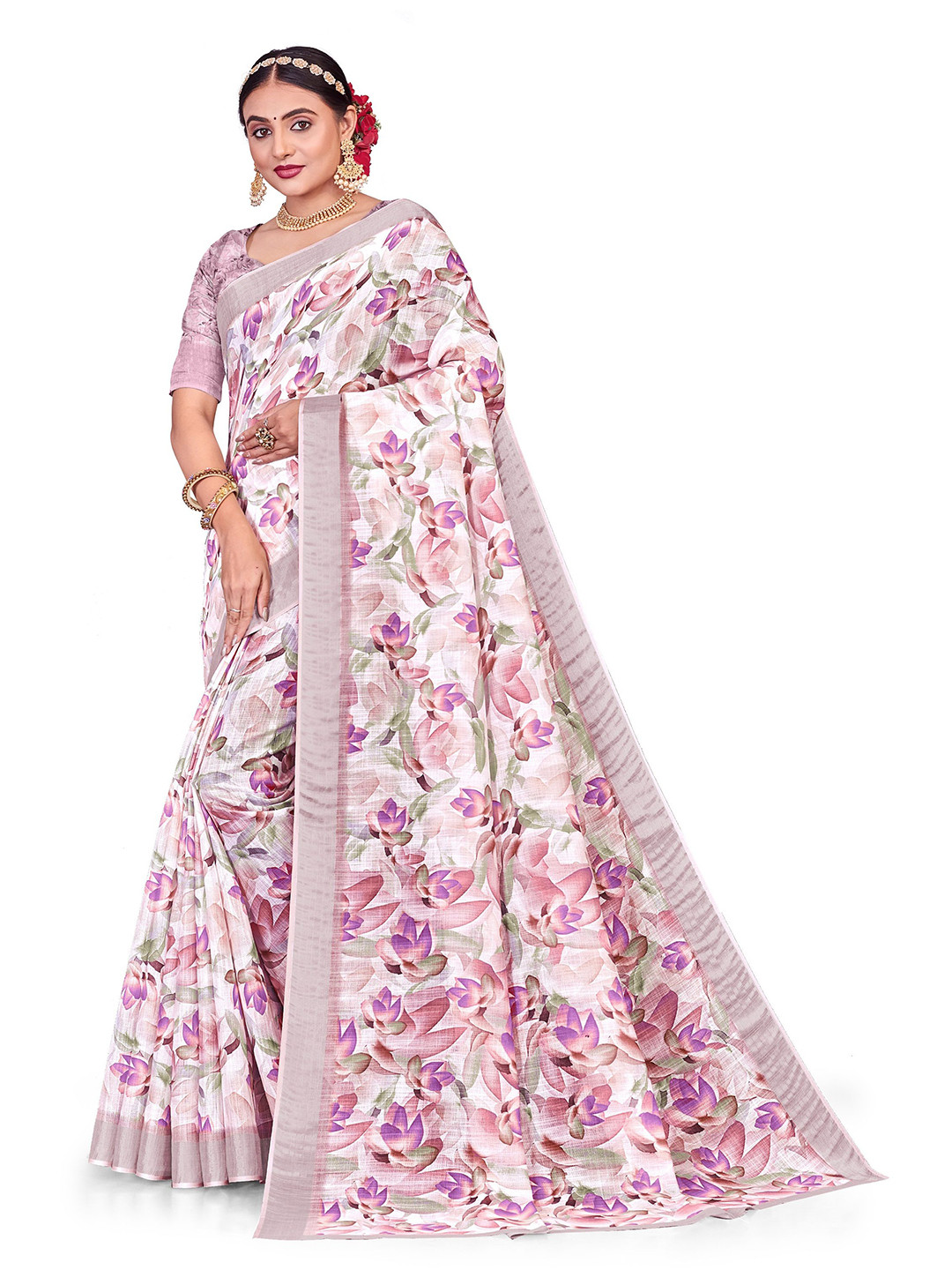 Lichee Floral Printed Linen Blend Saree