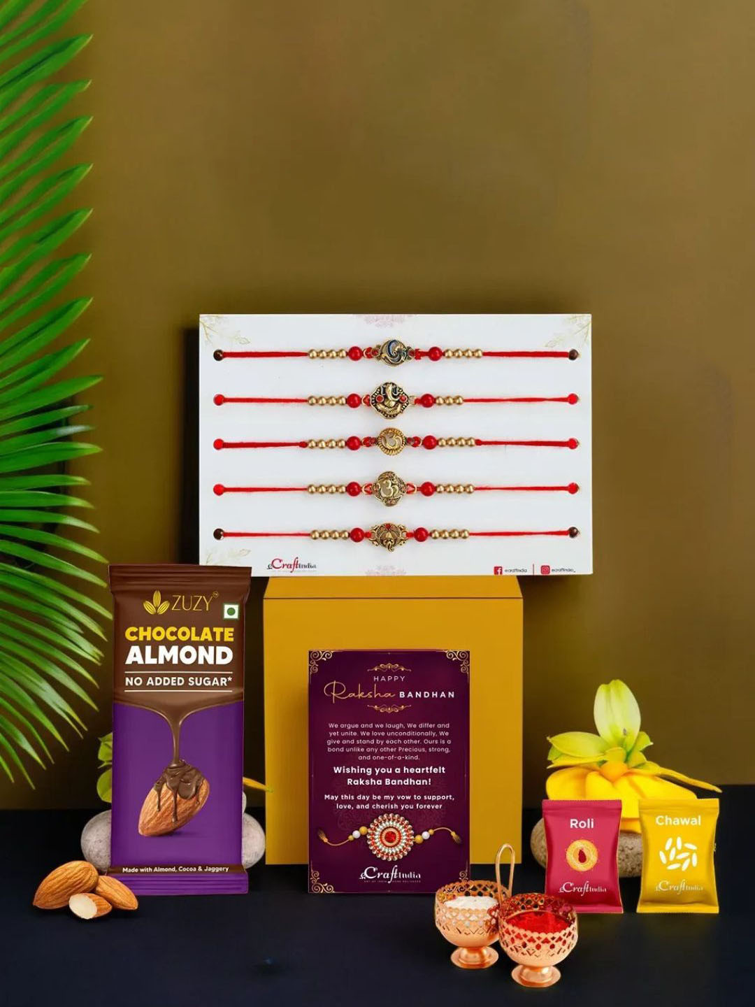 eCraftIndia Set Of 5 Rakhis With Chocolate Almond Chocolate Gifts