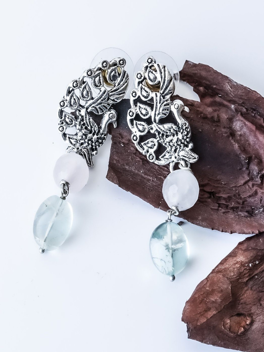 Shrim jewels Agate Beaded Oxidised Peacock Shaped Drop Earrings