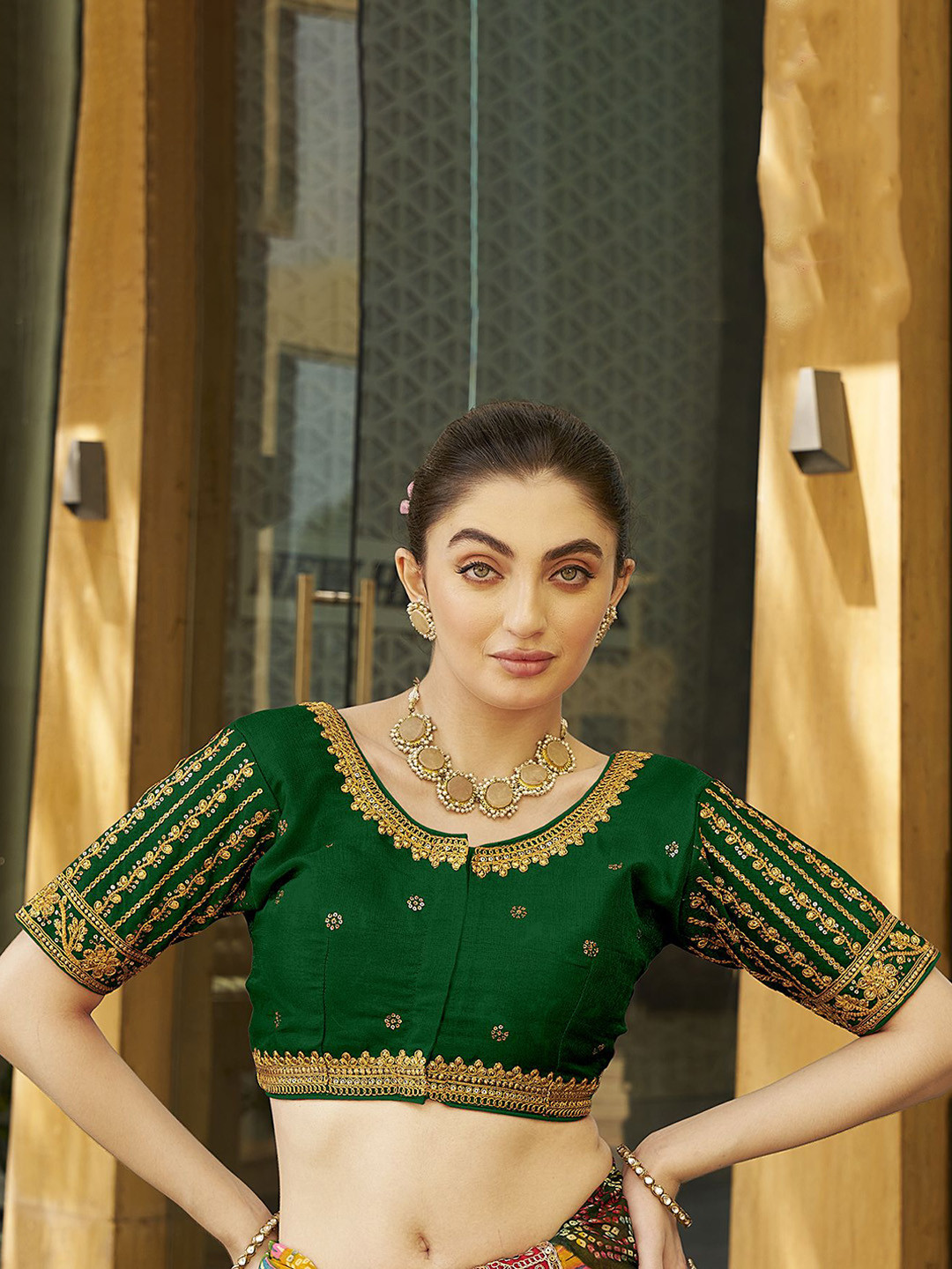 HERE&NOW Embroidered Silk Round Neck Readymade Saree Blouse