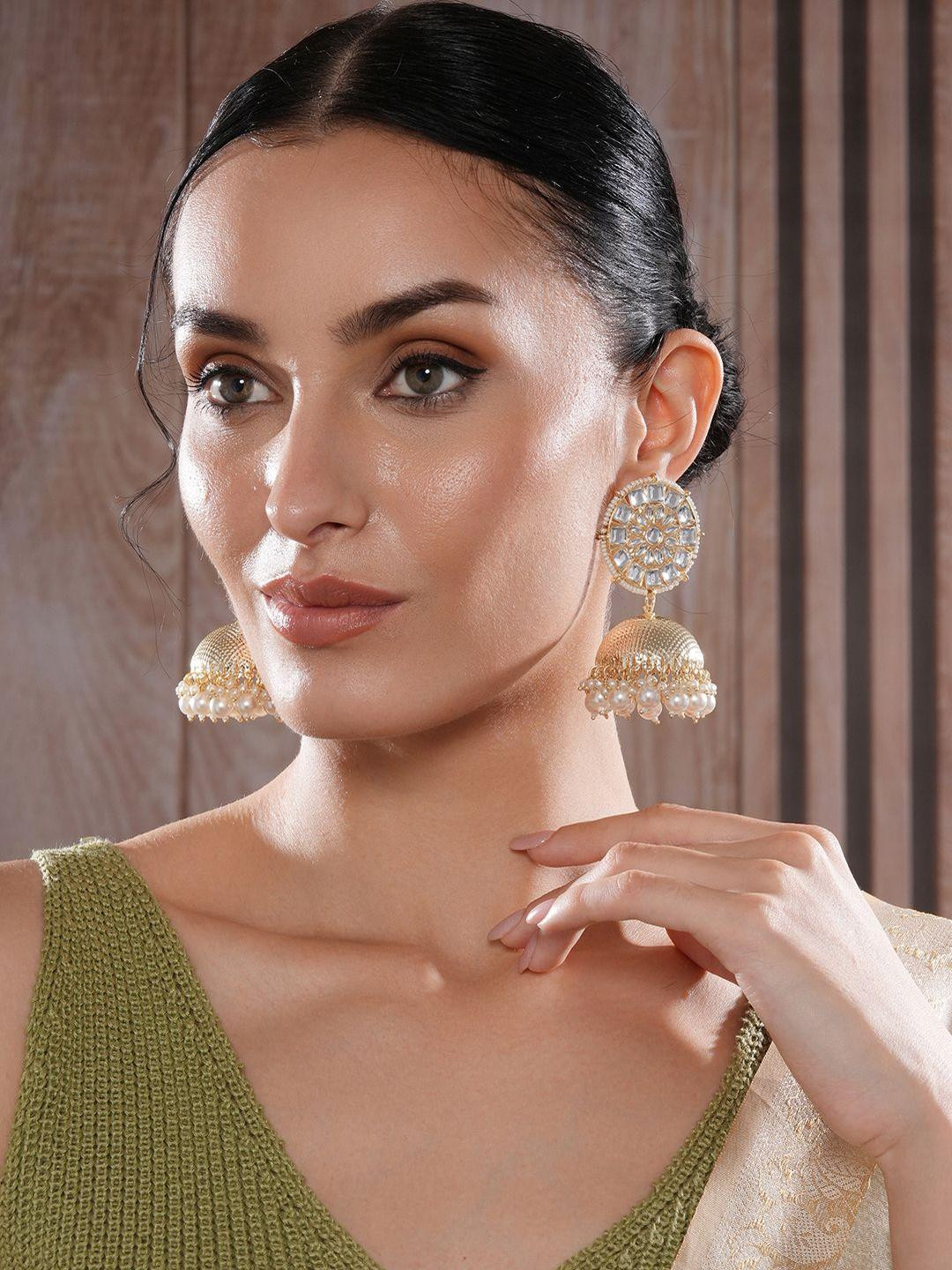 DressBerry Gold Plated Artificial Stones Studded & Beaded Dome Shaped Jhumkhas