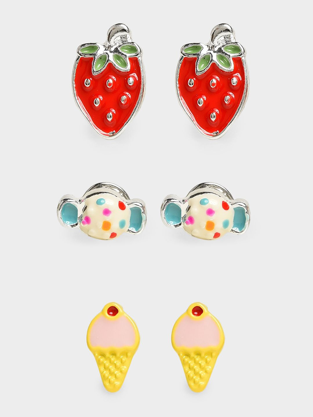 MiArcus Girls Set Of 3 Strawberry, Candy & Ice Cream Shaped Studs Earrings